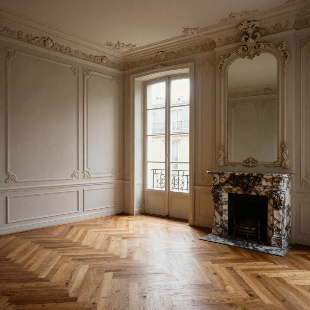 Appartement parisien vide avec parquet a point de Hongrie, moulures et cheminee en marbre