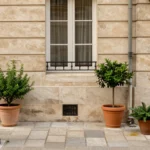 Cour interieure pavee avec plantes en pot dans un immeuble parisien