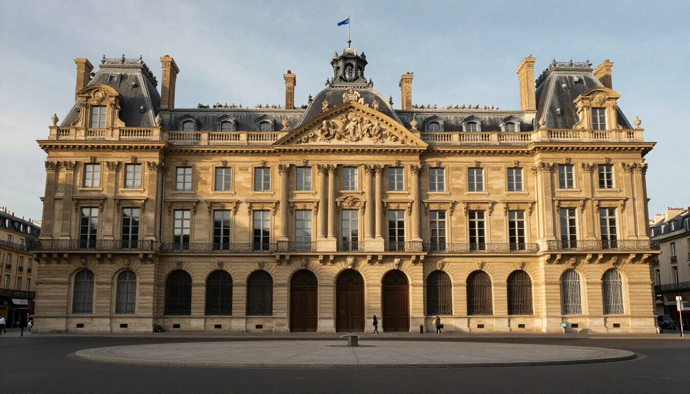 Facade haussmannienne en pierre de taille sur une place parisienne au lever du jour