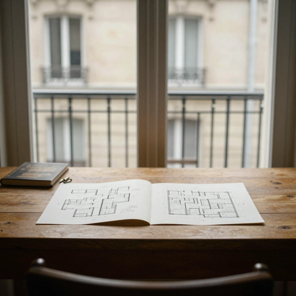 Table de travail avec dossiers, plans d appartement et cle ancienne devant une fenetre parisienne